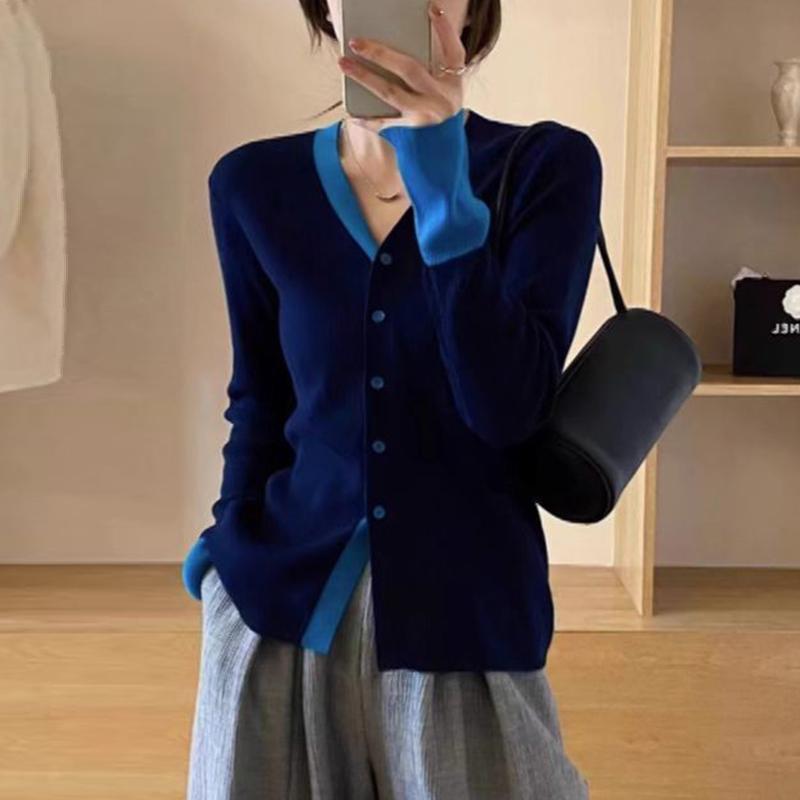 

Осень-зима, тонкий лоскутный кардиган с v-образным вырезом, джемперы, женские повседневные джемперы с длинными рукавами, простой модный вязаный топ на пуговицах, женское пальто XXL темно-синий