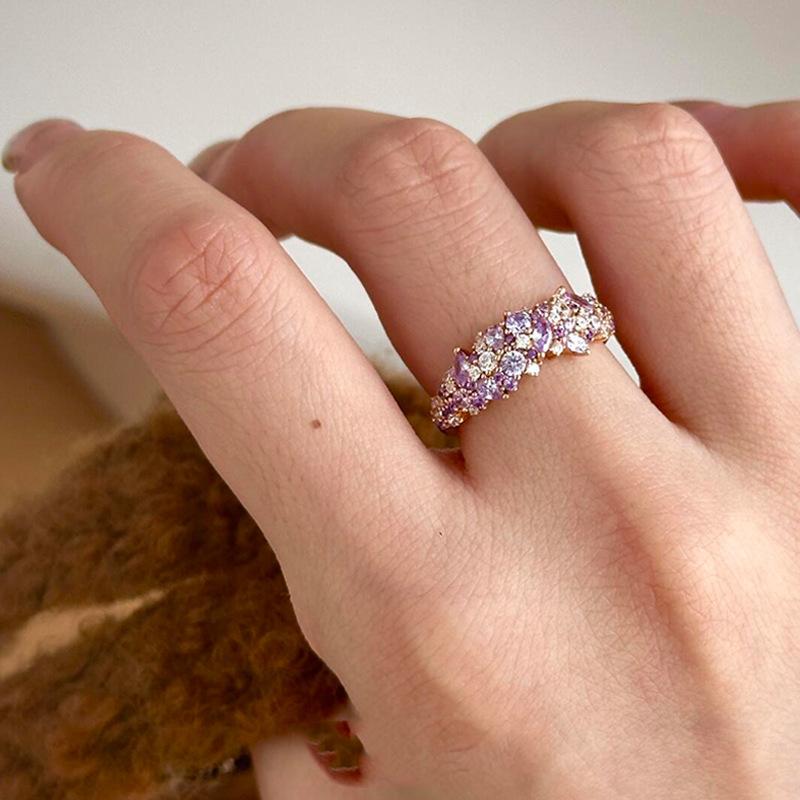 Explosive Purple Full Diamond Ring Female Medieval Old Money Style Exquisite Fashion Index Finger Ring Light Luxury Niche High-end Ring