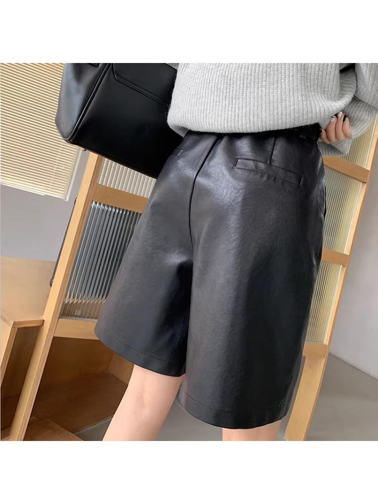 2025 Women's High Waist PU Washed Leather Bootcut Shorts - Mid-Length, Wide Leg, Loose Slimming Fit for Autumn/Winter