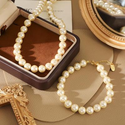 Luxurious Round Pearl Necklace & Bracelet Set for Women - Gold-Plated Clavicle Chain Jewelry