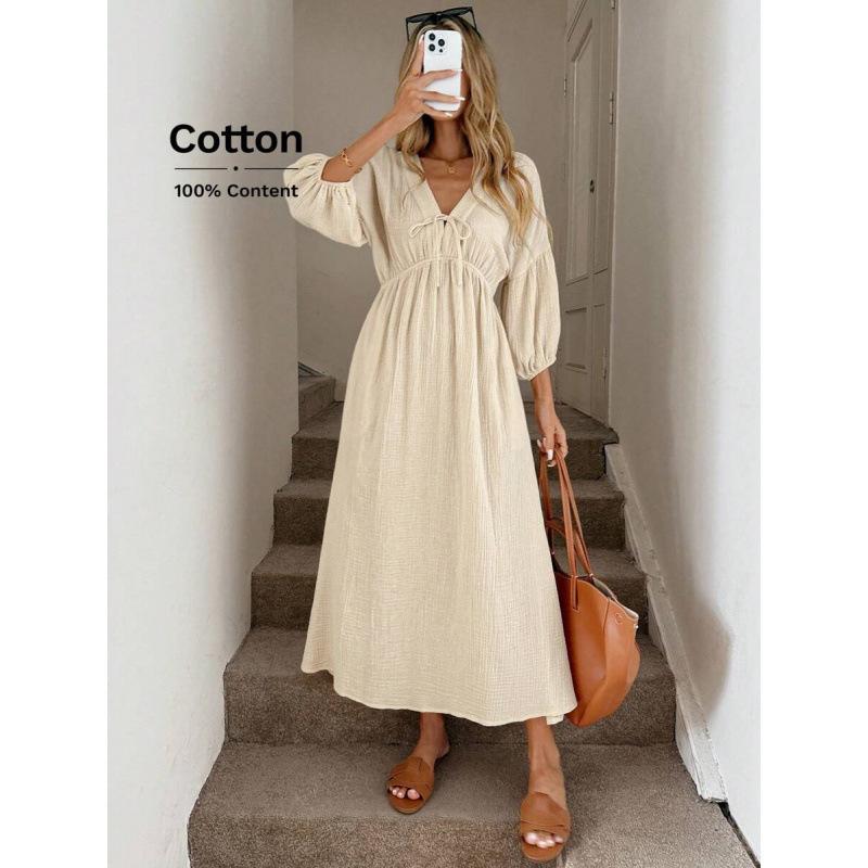 V-neck lace-up bow lantern sleeve pleated waist casual old money style long dress women S