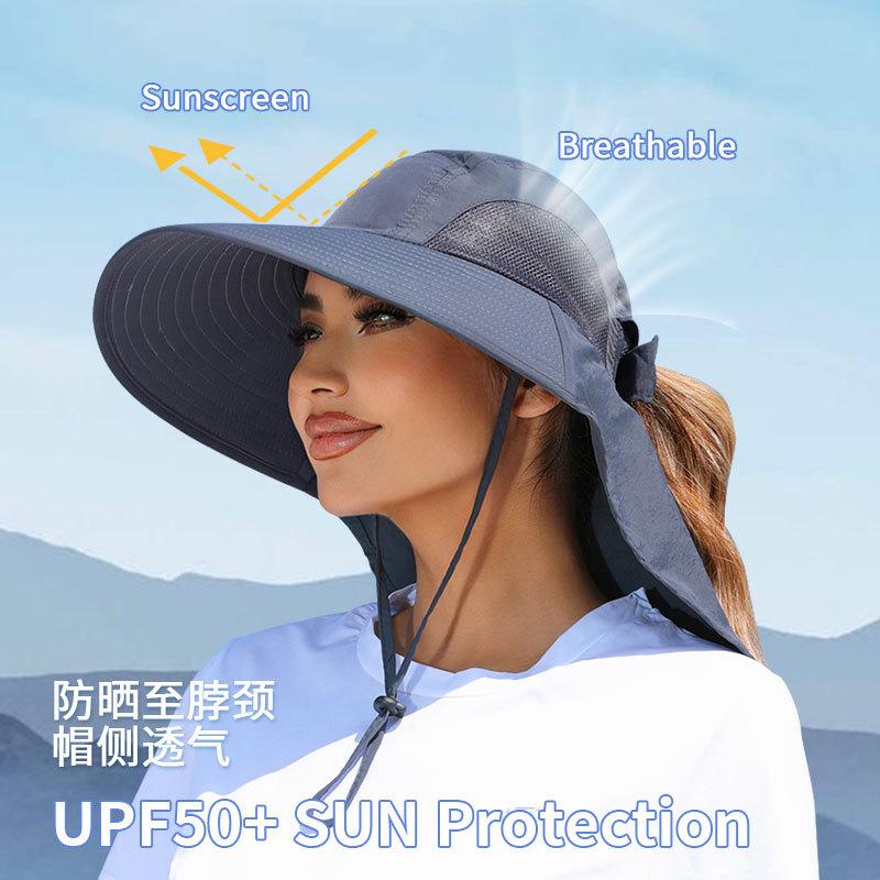 Big-brimmed bucket hat women's dew ponytail sun protection hat summer sun hat outdoor sun hat UV protection mountaineering hat