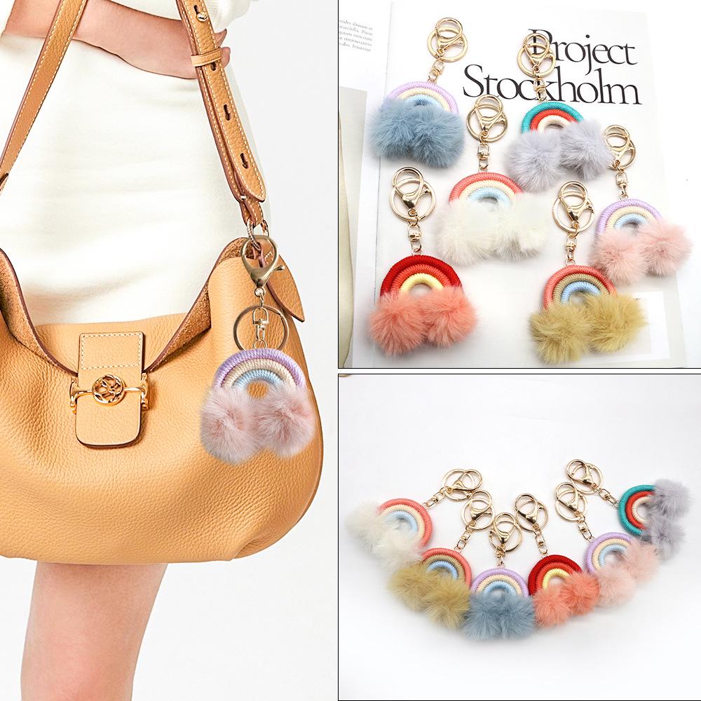 Korean Style Rainbow Fluffy Ball Keychain - Handmade Woven Bag Pendant