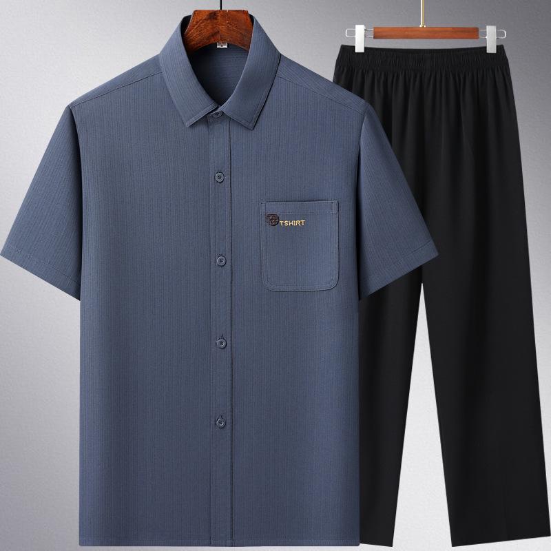 Men's Ice Silk Summer Short-Sleeve Shirt Set for Middle-Aged and Elderly