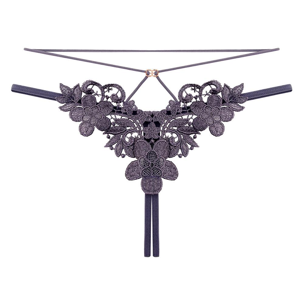 French Romantic Embroidered Sexy Rhinestone Thong: Erotic Open Crotch with Removable Design