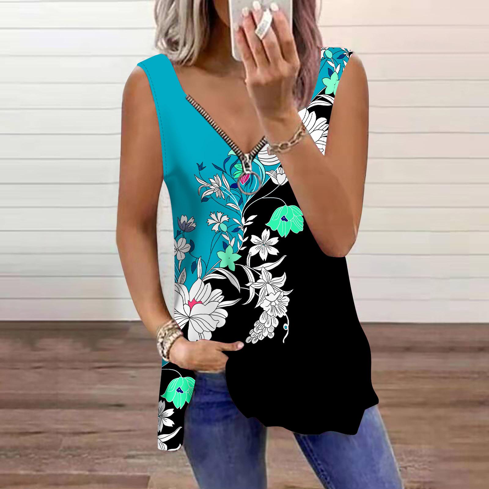 

Женский топ, летний, сегментированный, с принтом, повседневный, большого размера, без рукавов, на молнии, с V-образным вырезом, майка 6XL циан