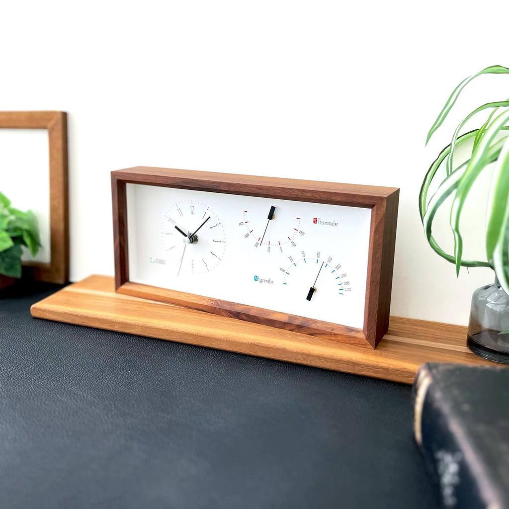 KATOMOKU Thermo Clock Walnut km-152WA Wooden Clock with Thermometer and Hygrometer, Wall or Tabletop Use, 25.5 x 12.1 x 4.6 cm