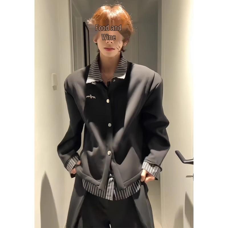 Men's Black Faux Two-Piece Hoodie Cardigan - Street Style, High-End Feel, Striped Patchwork Shirt, American Cleanfit Jacket