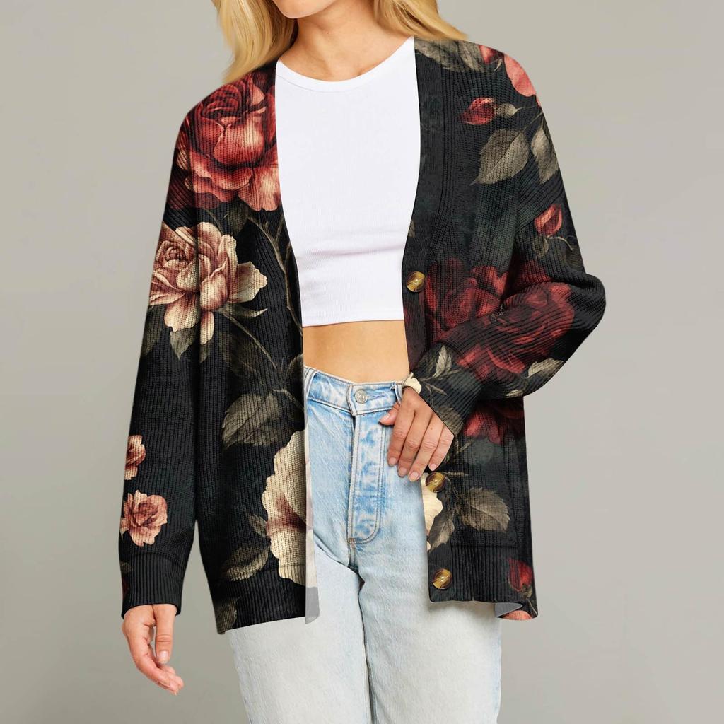Women's Fashion Long Sleeve Print V-Neck Button Loose Cardigan Top