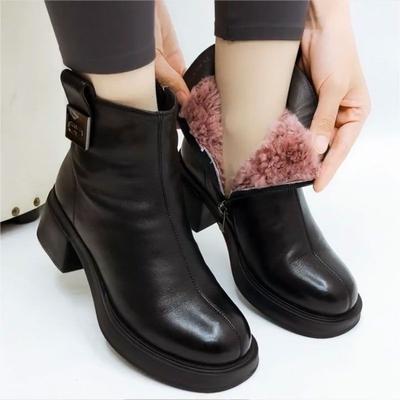2024 neue Mode Frauen Stiefeletten Winter Gepolsterte Kurze Stiefel Leder High Heels Luxus Runde Kappe Schuhe Block Heels Schwarz