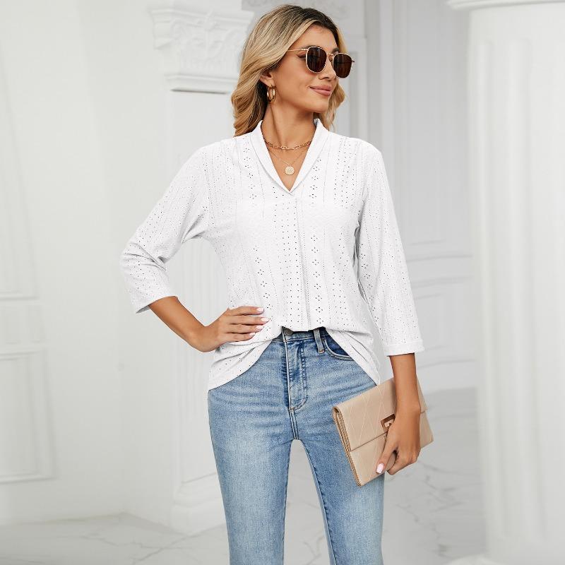 Neue Herbstkleidung für Damen, Jacquard-Oberteile mit V-Ausschnitt, T-Shirts mit mittleren Ärmeln