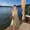 New Chinese Sleeveless Smudge Neck Dress for Women's Summer High-end Off-the-shoulder Seaside Vacation Dress
