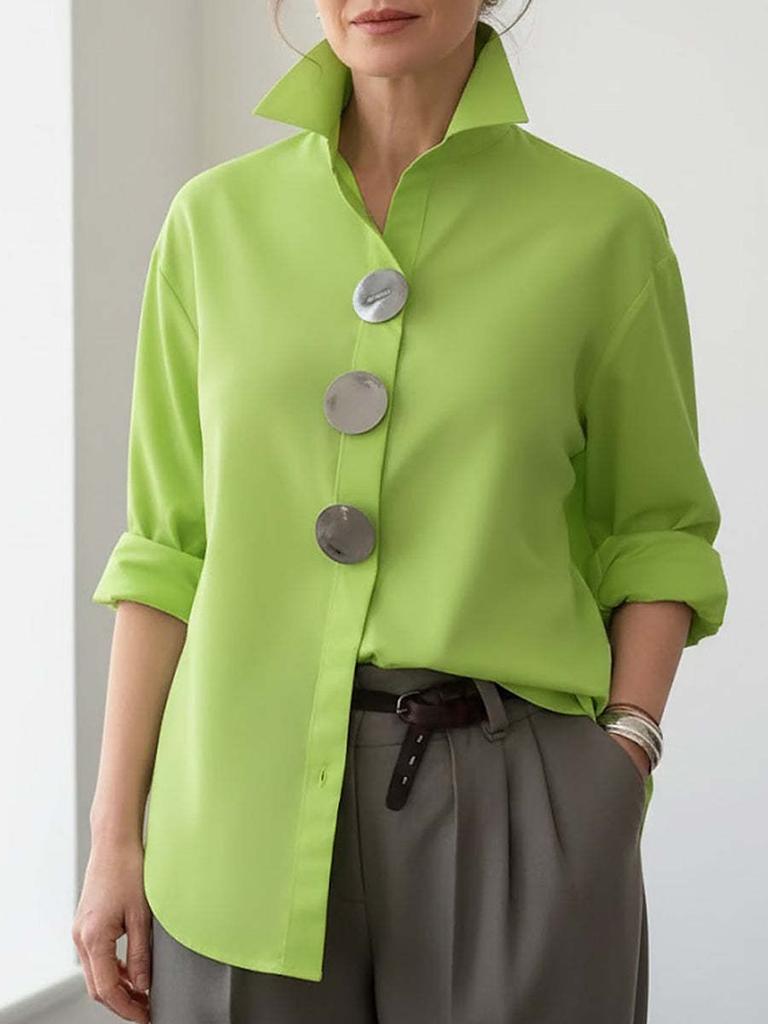 Spring and Summer New European and American Solid Color Stand-up Collar Metal Button-down Long-sleeved Shirt