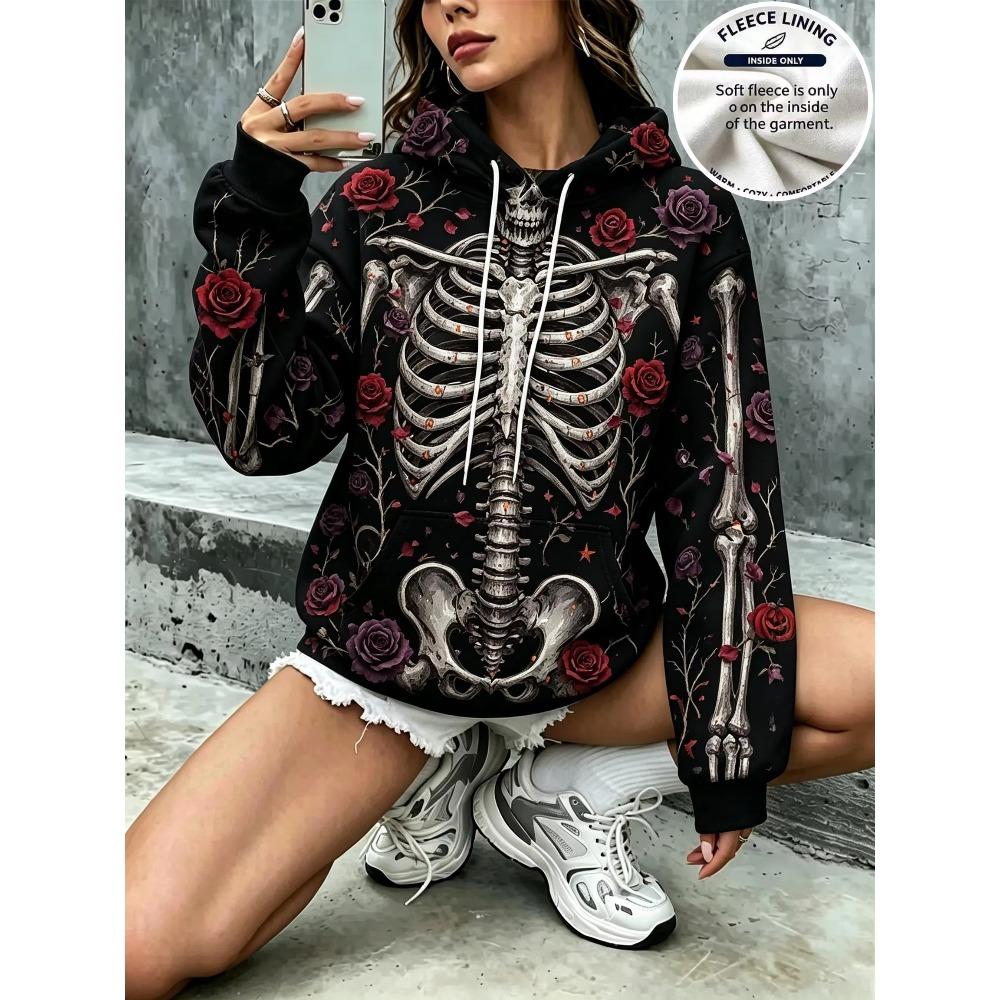 Women Black Gothic Skeleton Red Purple Rose Floral Print Hoodie Warm Fleece Lined Drawstring Pocket Pullover