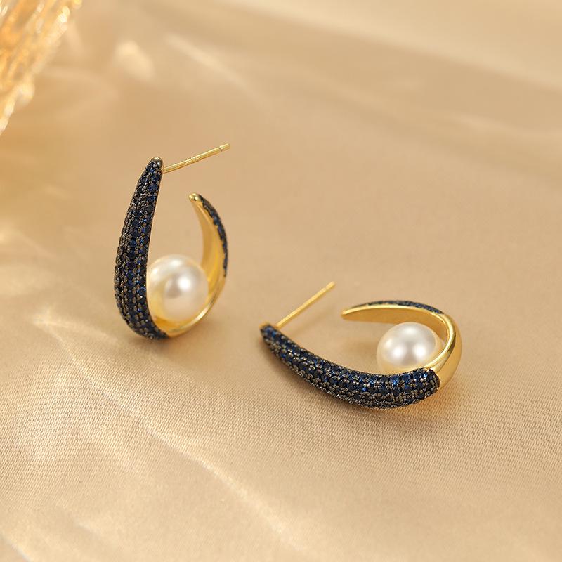 Серьги-пусеты с цирконом и жемчугом с золотым покрытием - Европейский и американский стиль 18K