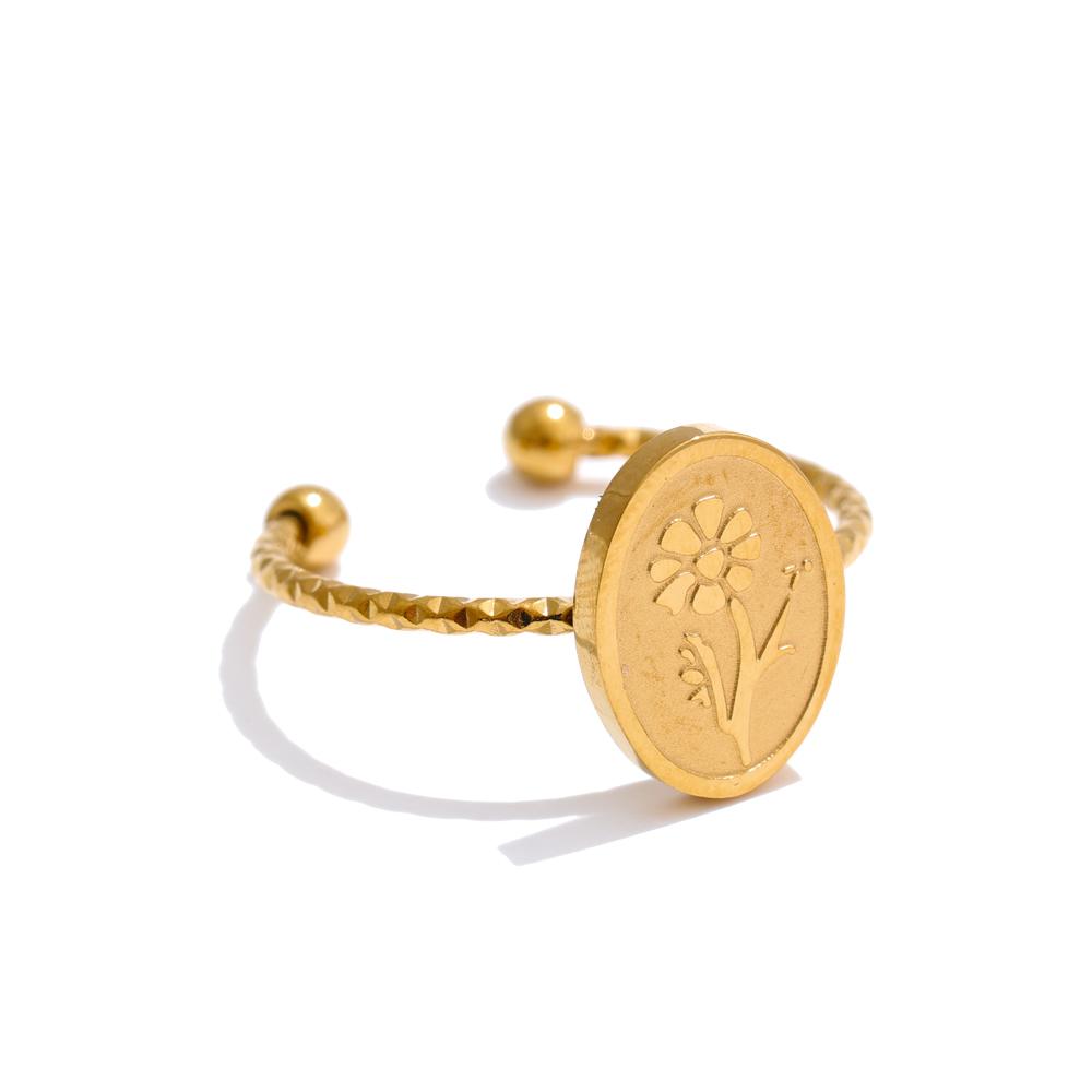 Yhpup 12 Month Birth Flower Floral Oval Open Ring Minimalist Stainless Steel 18K Golden Plated Charm Finger Jewelry Wholesale