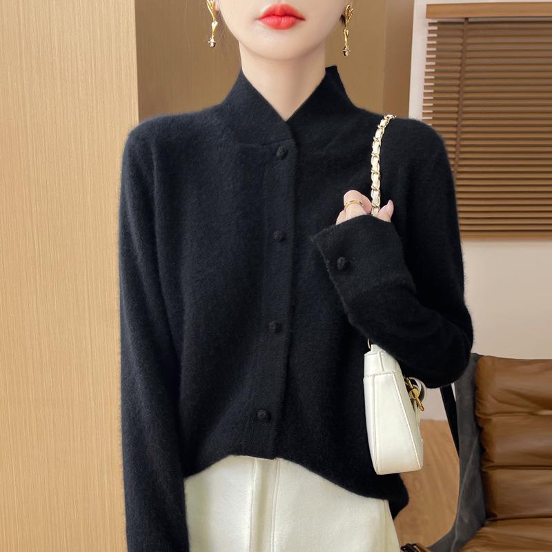 2024 Women's Stand Collar Wool Knit Qipao Cardigan - Casual Versatile Solid Color Sweater for Autumn/Winter