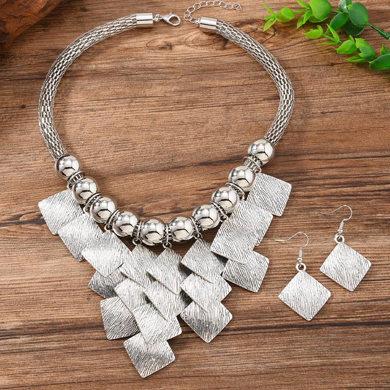 2 PCS European American Fashion Geometric Square Metal Necklace Earring Set Vintage Statement Choker Accessories