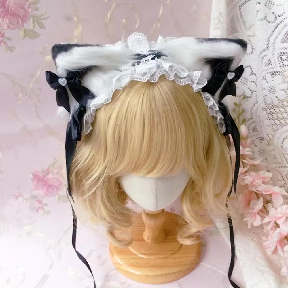 Kawaii Ruffled Headband Ribbon Bow Masquerade Headpiece Sweet Lolita Lace Headband for Women Girls