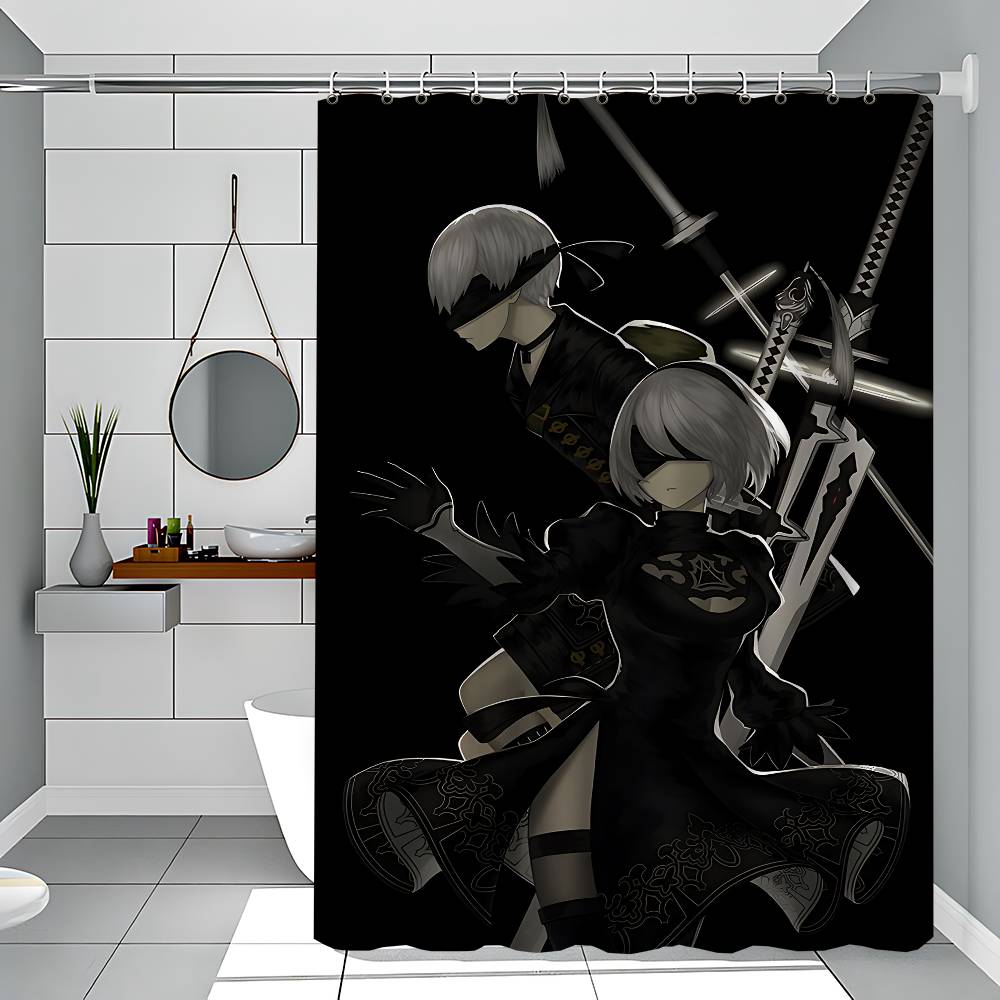 Nier Automata White Shower Curtain, Bathroom Decorative Shower Curtain, Waterproof Shower Curtain With Hooks