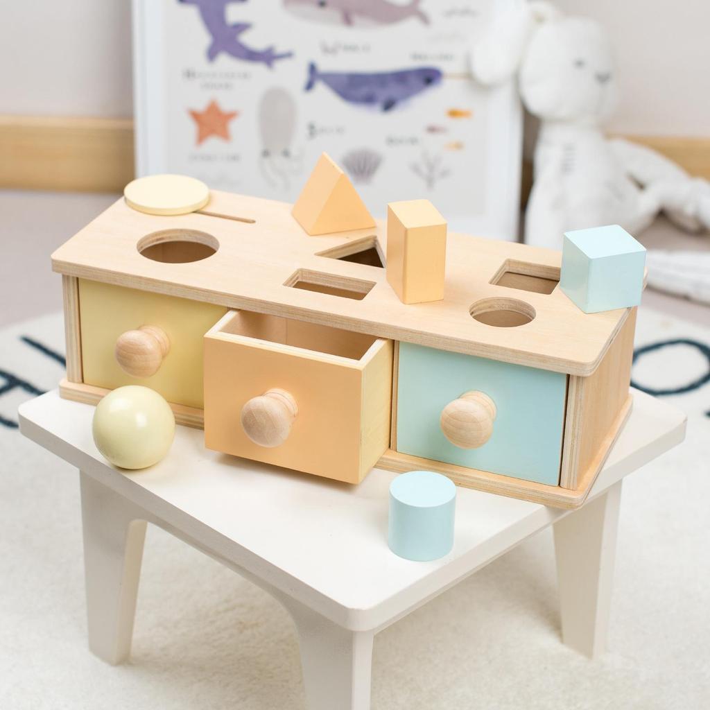 Montessori Early Education Toy Set: Round Ball Coin Box, Object Permanence Drawer & Textile Drum for Toddlers 0-3 Years