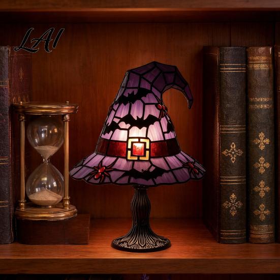 Gemütliches Schlafzimmer Nachtlicht Buntglas Hexenhut Lampe Handgefertigt Retro Harz