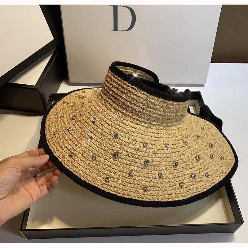 Trendy Summer Luxury Rhinestone Sun Hat, Straw Hat, Sun Protection Hat, Wide-brimmed Beach Hat, Raffia Empty-top Hat