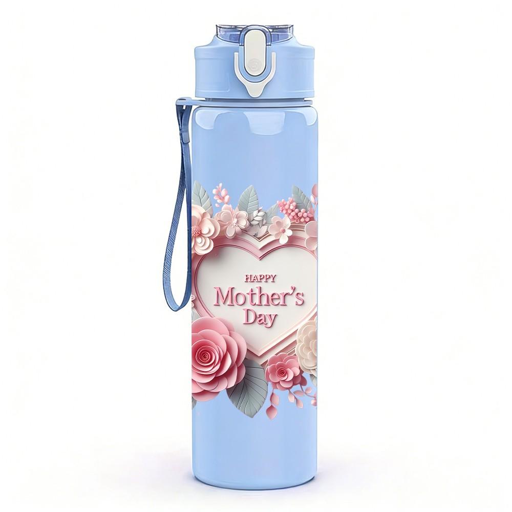 1PC Rose Flower Wreath Letter Print Pattern 750ml Color Plastic Sports Water Bottle Leakproof Flip Straw Lid Suitable for Sports Office Home Use