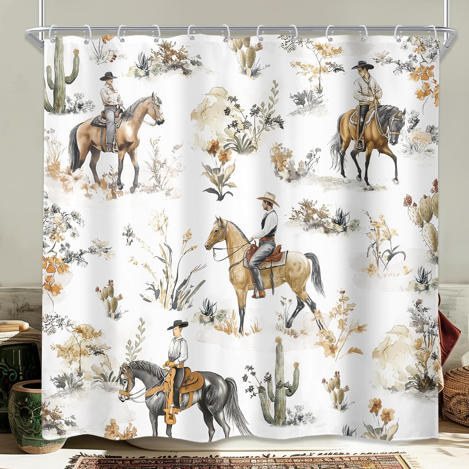 Orange Brown Western Aztec Cactus Shower Curtain Southwestern Boho Tribal Geometric Ethnic Bathroom Native American Waterproof 90x180CM