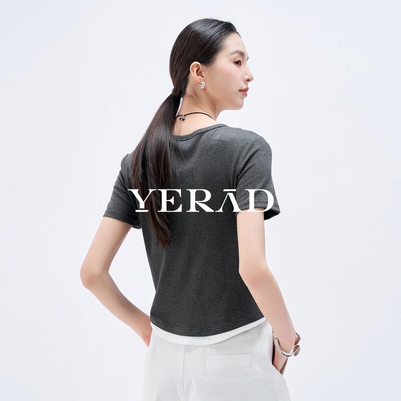 YERAD Women's Casual Faux Two-Piece Grey Short Sleeve T-Shirt