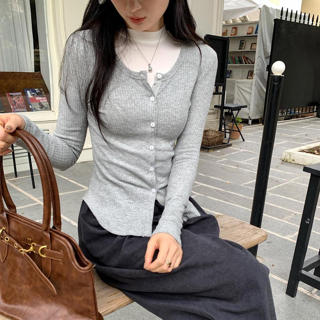 Korean Style Grey Round Neck Knit Cardigan for Women - Autumn/Winter Slimming Long Sleeve Top