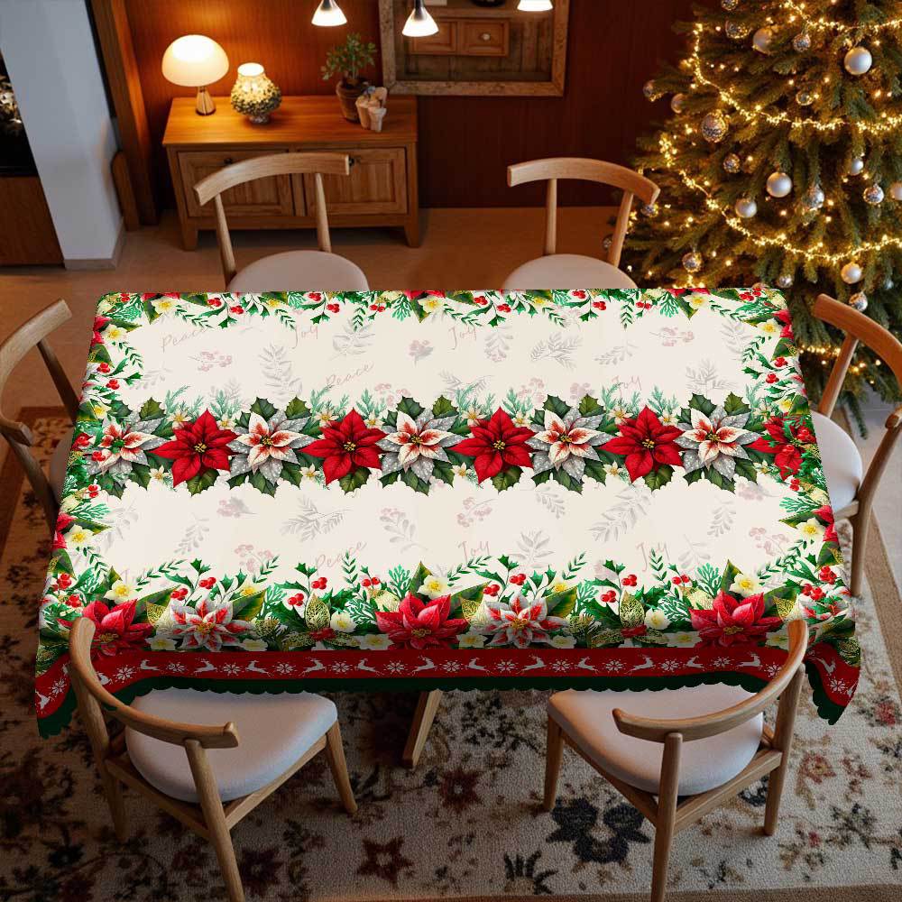 Christmas Table Decoration, Red And Green Flowers, Birds, Elk Tablecloth, Wavy Edge Round Table Square Table Universal Home Holiday Decoration