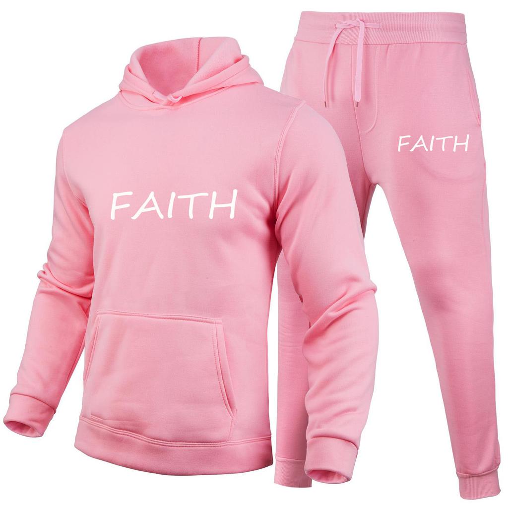 FAITH Letters Printed Suits Autumn Winter Tracksuit Men Solid Hooded 2 Piece Sets Mens Outfits Suit Men Fleece Sport Hoodie Sweatpants Two Piece Sets
