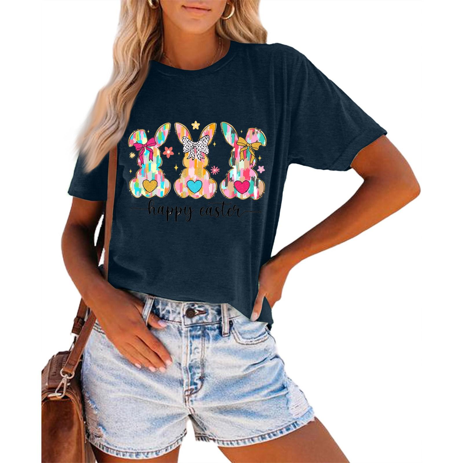 

Женская модная повседневная летняя удобная блузка с круглым вырезом и коротким рукавом с принтом XXL тёмно-синий