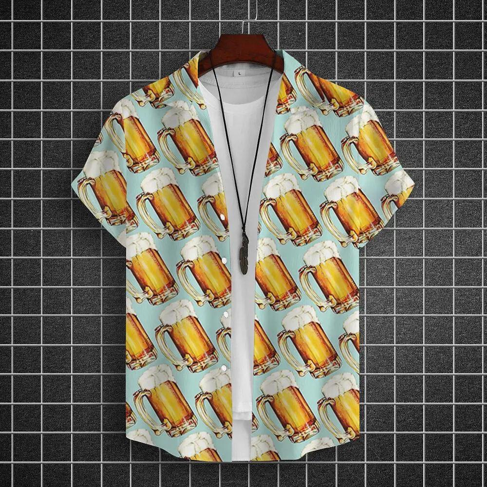 Men's Summer Short Sleeve Hawaiian Shirt Beach Holiday Print Shirt Top 100% Polyester Men's Beer Print Short Sleeve Shirt