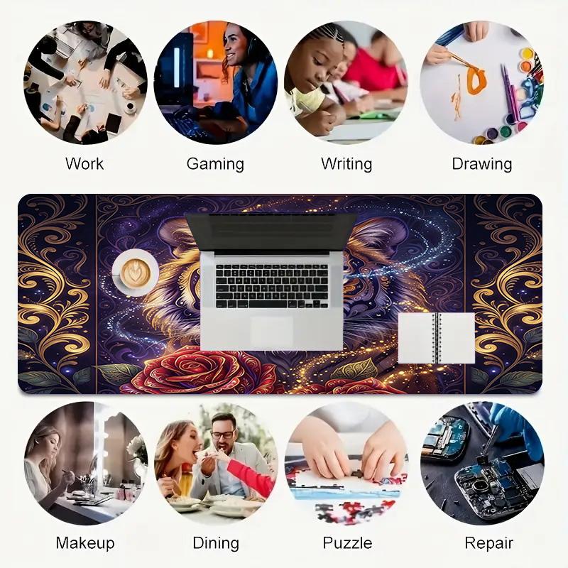 Tiger Rose Xl Gaming Mouse Pad Nonslip Rubber Base Stitched Edge Waterproof Desk Mat For Pc Laptop Gamer Office Computer Accessories C927643