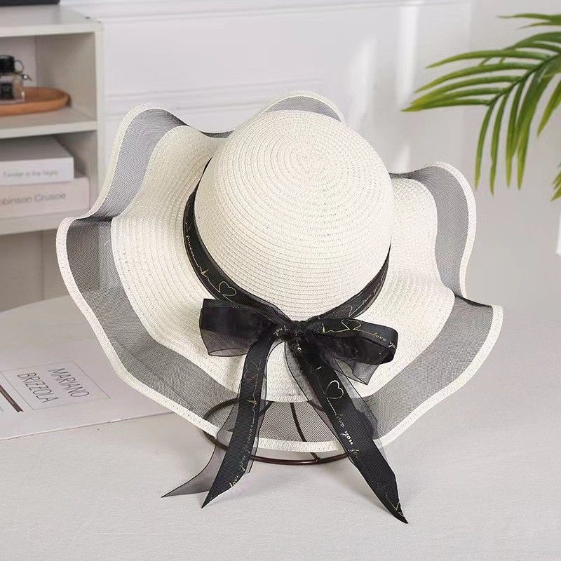 

2023 New Arrival Women s Voile Big Brim Wave Bows Mesh Ribbon Straw Hat Monochrome Dome Sun-Proof Beach Hat Milk White One size