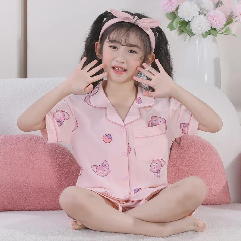 Seturi de pijama de vară din bumbac cu desene animate pentru fete - Topuri cu mânecă scurtă și pantaloni scurți pentru copii de vârstă mijlocie și mare.