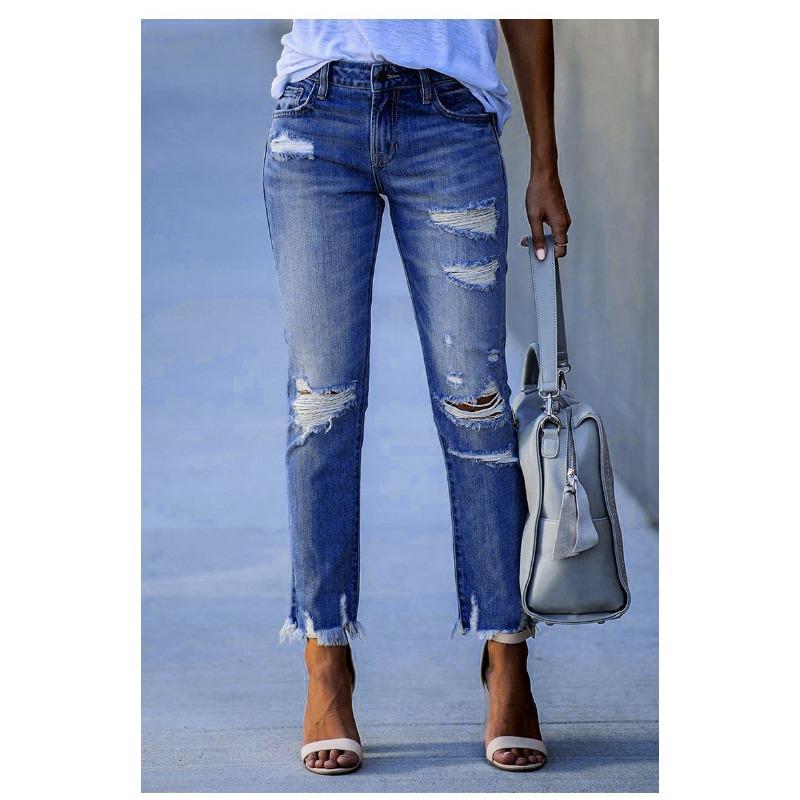 New Washed Ripped Fringed Women s Jeans Slim-fitting Elastic Pants L