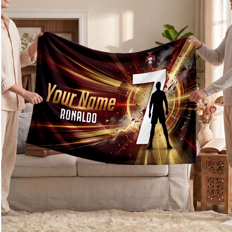 Couverture polaire personnalisée Cristiano Ronaldo avec logo de football, texte de nom personnalisé, couverture d'appoint douce et chaude pour la maison