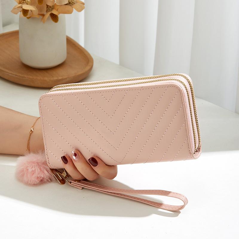 Women's long double-layer wallet, new oblique pattern embroidery hairball decoration, hand-held change bag, casual bag, one generation