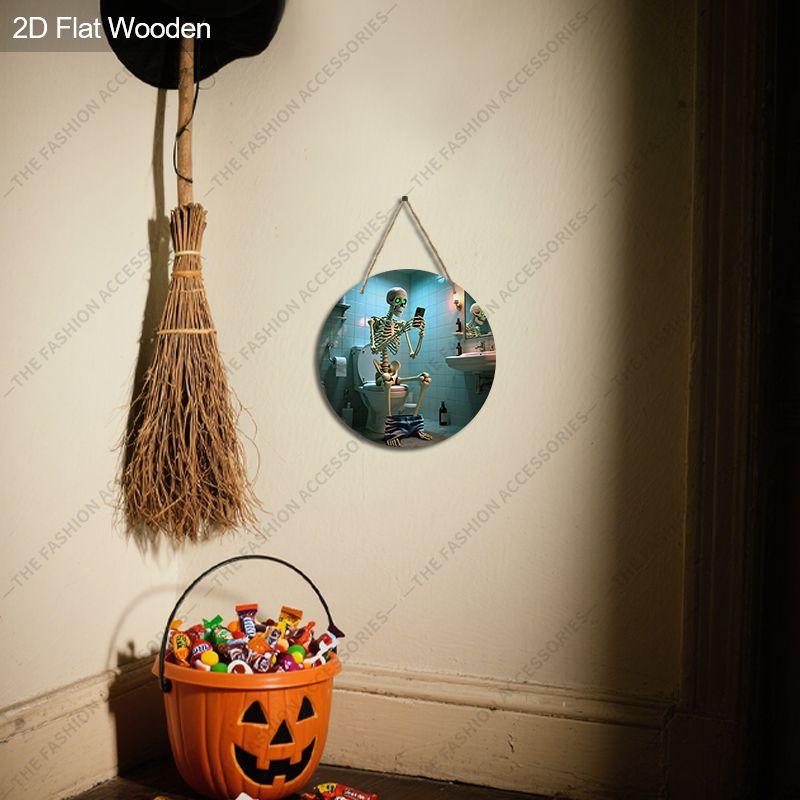 Wooden Hanging Decorative Signs, Halloween Decorations, Bathroom Decorations, 2D Flat Pendants, the Pattern Is a Skeleton Sitting On the Toilet