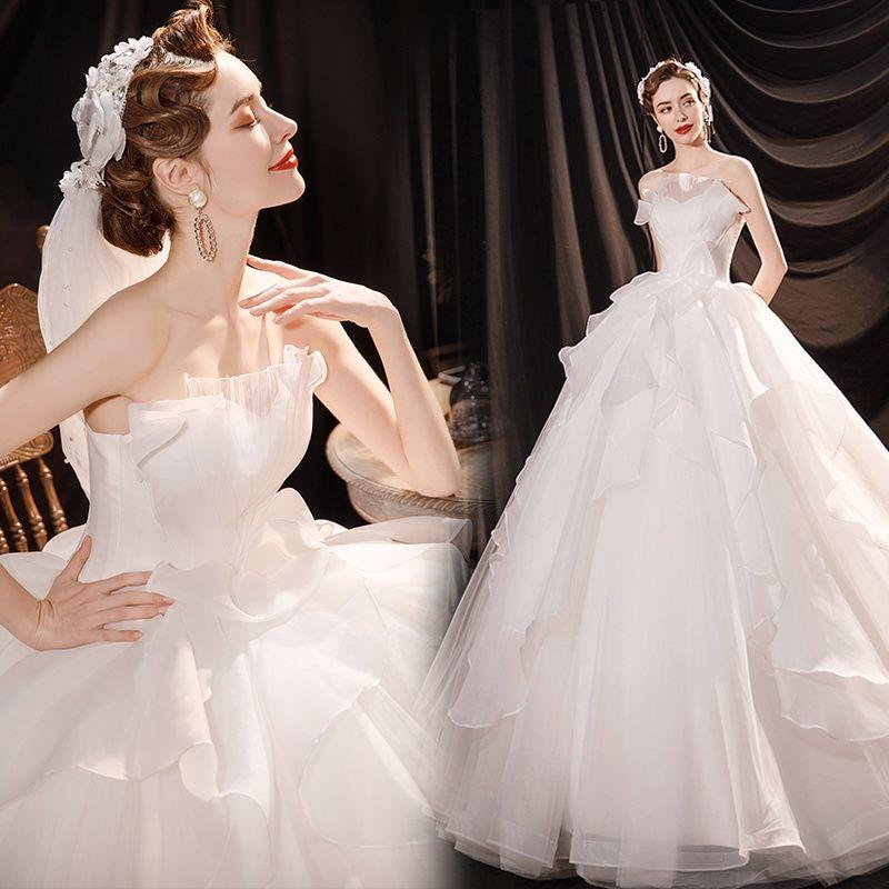 New Strapless French Wedding Dress | Romantic Floral Applique Bridal Gown | Elegant A-Line Floor Length Dress | Trendy Couture Bride Dress