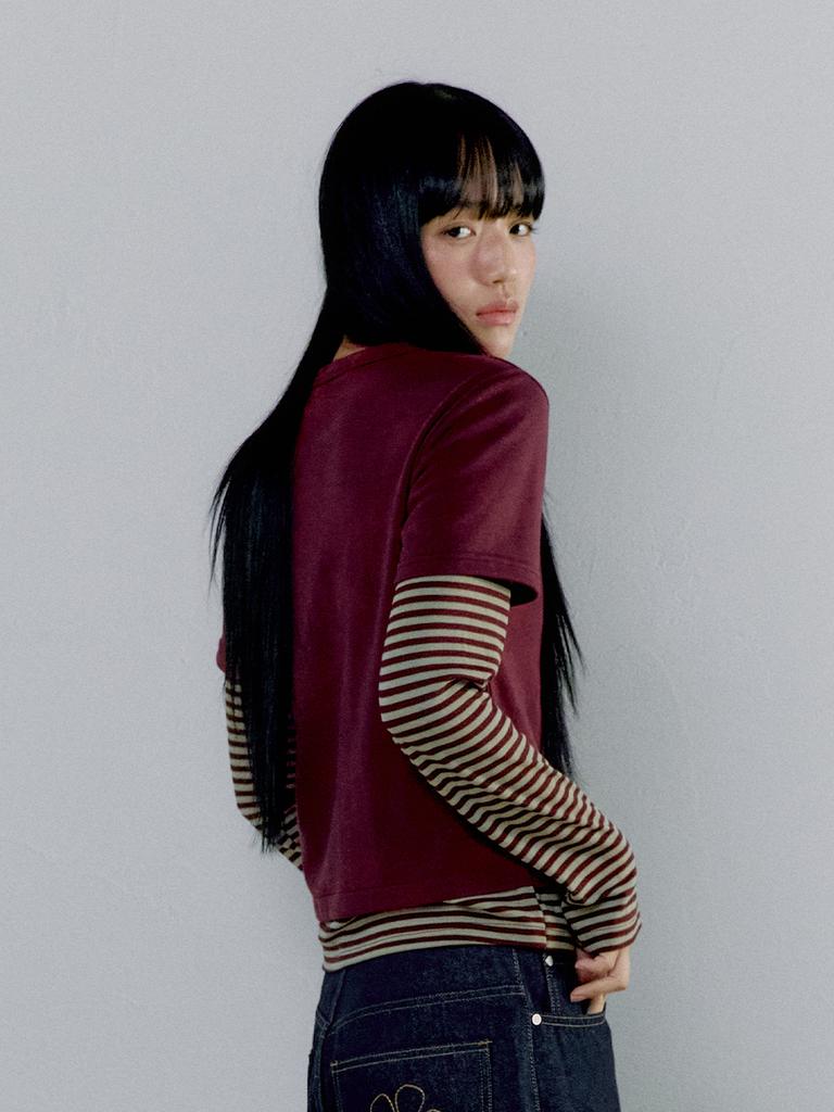 OAFISH Stripe Layered Long Sleeve, Burgundy