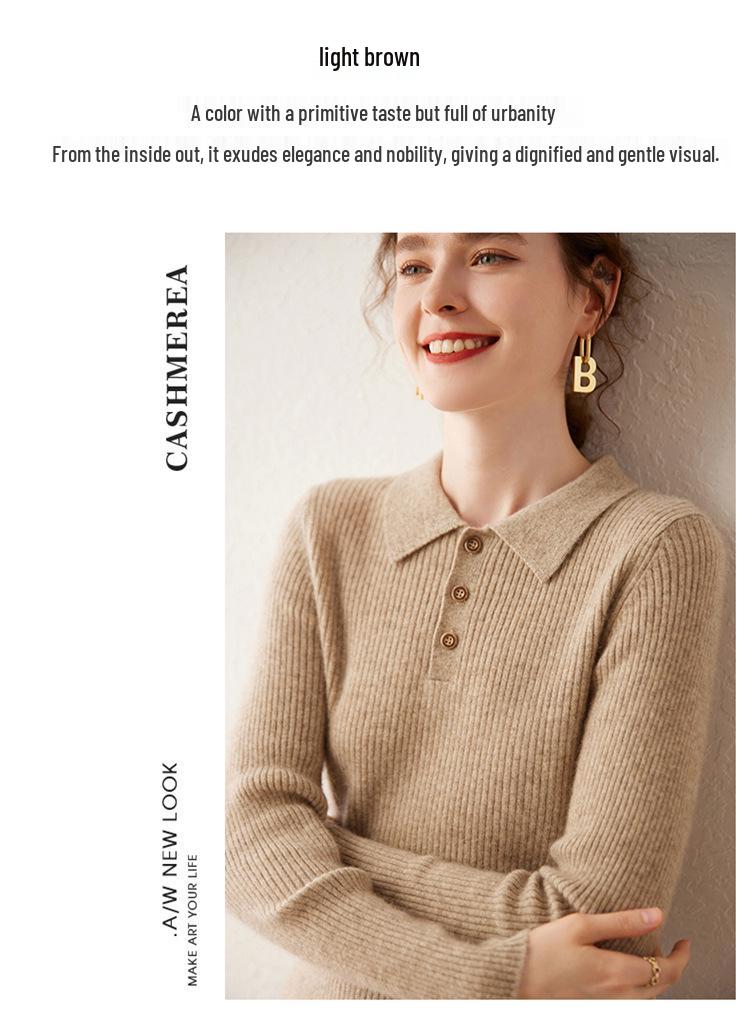 Women's Cashmere Polo Collar Ribbed Sweater – Long Sleeve, Button Closure, Perfect for Autumn and Winter