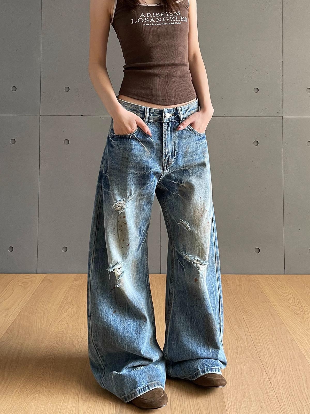 American Cleanfit Cracked Washed Dirty Old Design Jeans Women s Thin Ripped All-match Long Pants Classic Women s Casual Denim Pants S синий