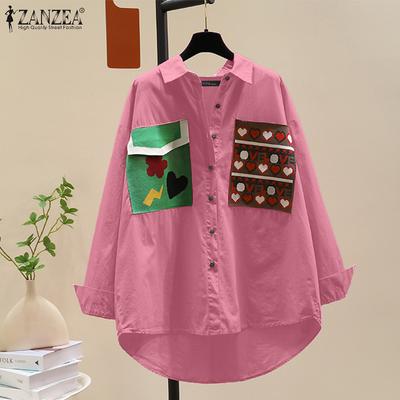 Women Turn Down Collar Long Sleeve Casual Patchwork Blouse