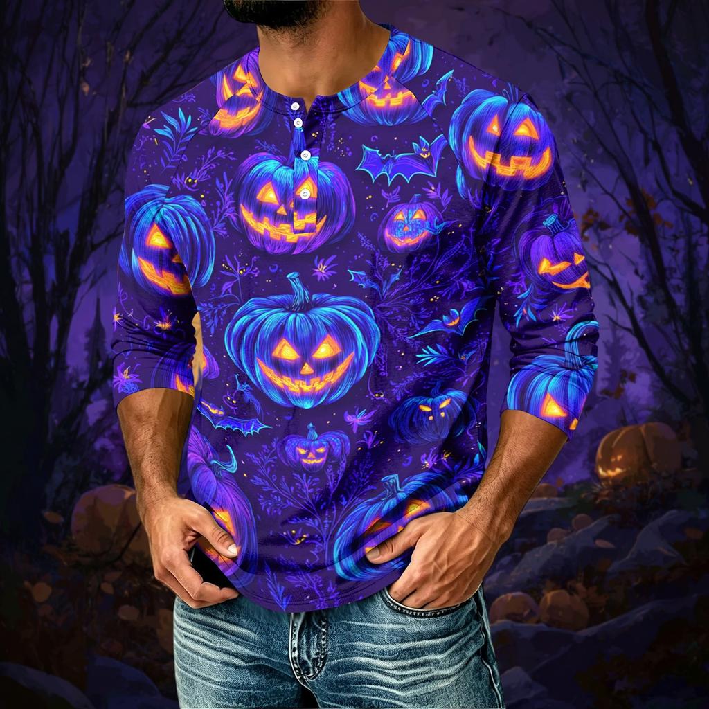 Men's Casual Halloween Print Raglan Three-Quarter Sleeve Shirt