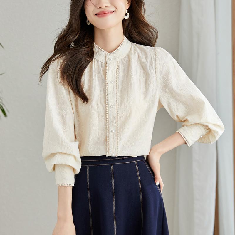 

Абрикосовая рубашка Женское платье с длинным рукавом Весеннее платье Круглый вырез Вышитый топ Рубашка из чистого хлопка Темпераментная рубашка 2XL абрикосовый