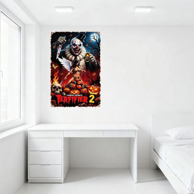 Terrifier 2 Horror Movie Tin Sign - Menacing Clown & Fierce Woman Art, Vintage Metal Plaque for Home/Bar/Cafe Decor